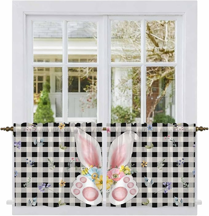 Easter Kitchen Tier Curtains 24 Inch Long 2 Panel Set,Rod Pocket Cafe Small Window Curtains Over Sink,Spring Rabbits Ears Feet Wildflowers Black Plaid Light Filtering Short Drapes 27.5"W x 24"L