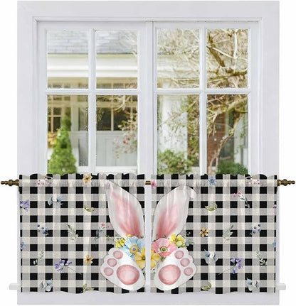 Easter Kitchen Tier Curtains 36 Inch Long 2 Panel Set,Rod Pocket Half Window Curtains Over Sink,Spring Rabbits Ears Feet Wildflowers Black Plaid Light Filtering Short Drapes Cafe 27.5"W x 36"L