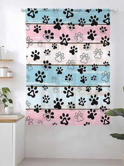 Sheer Curtains 63 Inch Length, Blue Pink Dog Paws Prints Semi Sheer Curtains Light Filtering Window Treatment, Farmhouse Beige Wood Privacy Voile Drapes for Living Room Bedroom 52x63 Inch