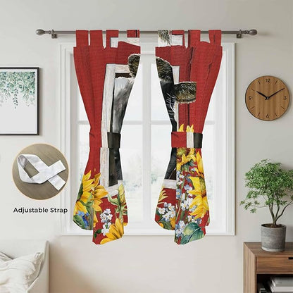 Cows Sunflowers Living Room Curtains 84 Inch Length, Window Curtains Tab Top, Spring Botanical Floral Bees Red Barn Light Filtering Window Treatments Drapes 42"x84" 2 Panel
