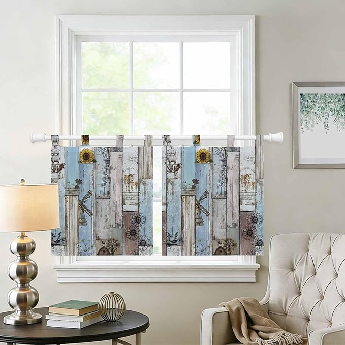 Blue Grey Wooden Kitchen Curtains 36 Inch Length, Small Window Curtains Tab Top, Farmhouse Barn Sunflowers Retro Light Filtering Short Window Treatments Tier Drapes 27.5"x36" 2 Panel