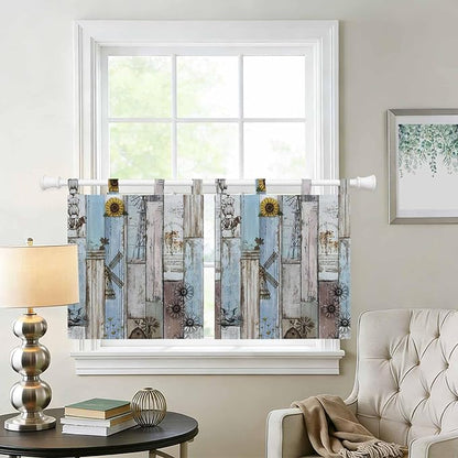 Blue Grey Wooden Kitchen Curtains 24 Inch Length, Small Window Curtains Tab Top, Farmhouse Barn Sunflowers Retro Light Filtering Short Window Treatments Tier Drapes 27.5"x24" 2 Panel