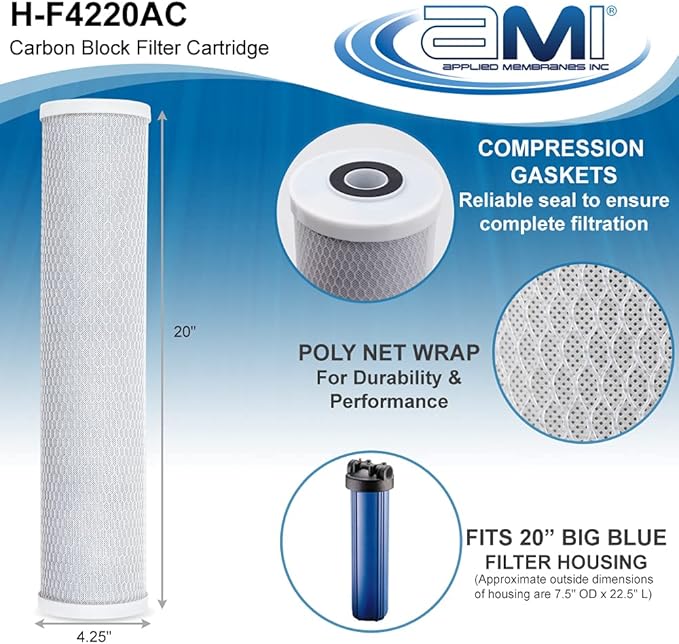 APPLIED MEMBRANES INC. 4.5" x 20" Carbon Water Filter | Whole House or Commercial Water Filtration System Replacement Filter | Chlorine Taste Odor Removal | Fits 20" Big Blue Housing | H-F4220AC