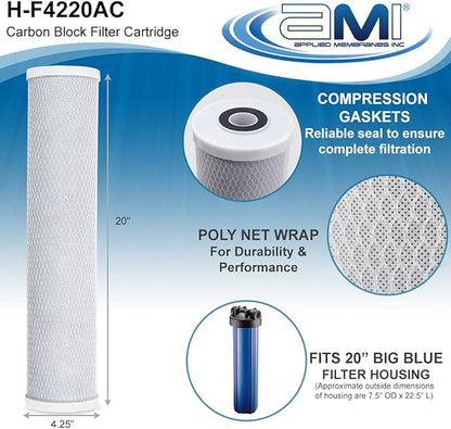 APPLIED MEMBRANES INC. 4.5" x 20" Carbon Water Filter | Whole House or Commercial Water Filtration System Replacement Filter | Chlorine Taste Odor Removal | Fits 20" Big Blue Housing | H-F4220AC