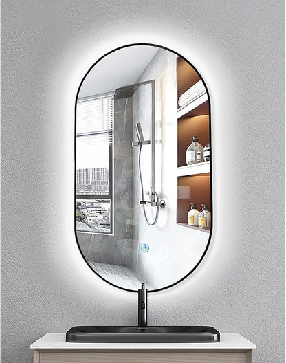 Oval LED Illuminated Bathroom Mirror, Wall-mounted Vanity Makeup Mirror with Demister Pad, 3 Dimmable Color Temperatures & Touch Control, Metal Frame Anti-Fog Lighted Wall Mirror ( Color : Black Frame