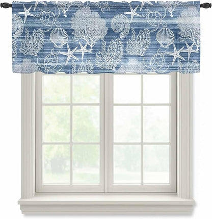 Navy Blue Retro Summer Sheer Valance Curtains, Sea Turtle Starfish Coral Ocean Light Filtering Kitchen Valances Rod Pocket Voile Curtain Window Treatment for Bedroom/Living Room/Basement 42Wx12L