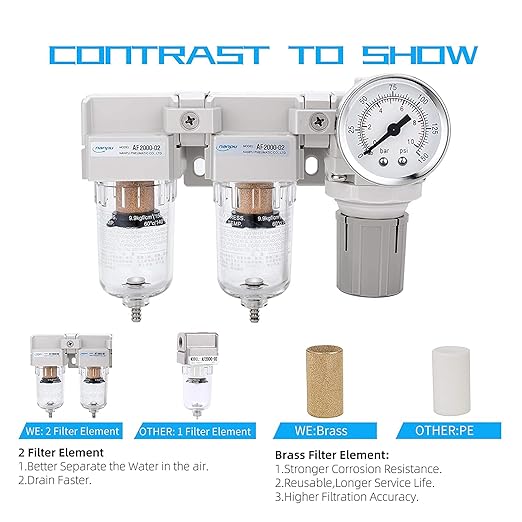 NANPU 1/4" NPT Air Drying System - Double Air Filters, Air Pressure Regulator Combo - Semi-Auto Drain, Poly Bowl