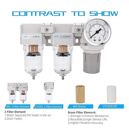 NANPU 1/4" NPT Air Drying System - Double Air Filters, Air Pressure Regulator Combo - Semi-Auto Drain, Poly Bowl