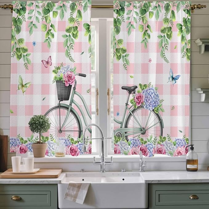 Spring Kitchen Curtains, Bicycles Leaves Butterfly Flowers Pink Buffalo Plaid Light Filtering Window Curtain Panels, 2Pcs Rod Pocket Window Treatments Set for Living Room Bathroom Bedroom 42x63 Inches