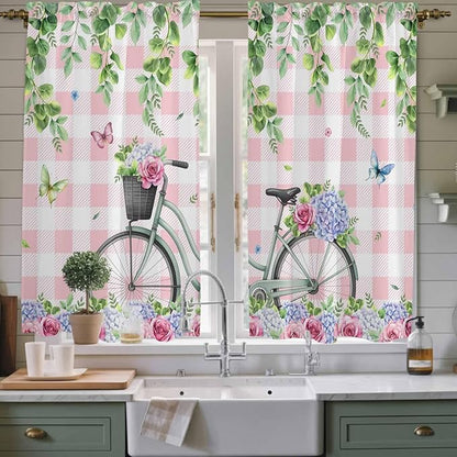 Spring Kitchen Curtains, Bicycles Leaves Butterfly Flowers Pink Buffalo Plaid Light Filtering Window Curtain Panels, 2Pcs Rod Pocket Window Treatments Set for Living Room Bathroom Bedroom 42x63 Inches