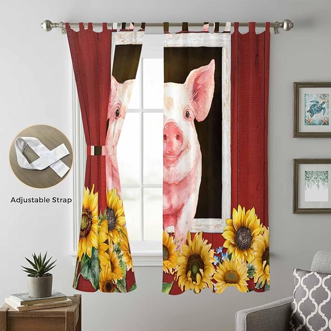 Pigs Sunflowers Living Room Curtains 96 Inch Length, Window Curtains Tab Top, Farmhouse Red Barn Flowers Animals Light Filtering Window Treatments Drapes 52"x96" 2 Panel