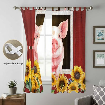 Pigs Sunflowers Living Room Curtains 84 Inch Length, Window Curtains Tab Top, Farmhouse Red Barn Flowers Animals Light Filtering Window Treatments Drapes 52"x84" 2 Panel