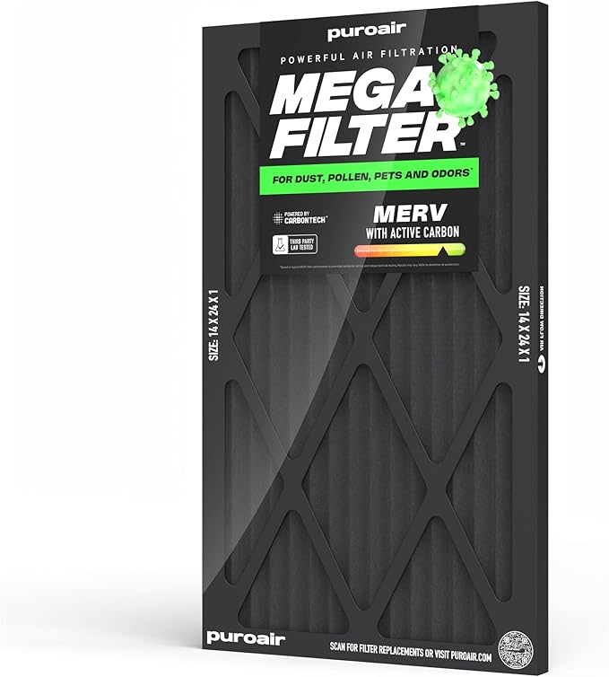 PuroAir MegaFilter - 14x24x1 Air Filter MERV 13 Activated CarbonTech Defense - Heavy Duty 3 Layer Furnace Filters Allergens, Pollen, Dust, Pet Dander, Smoke, Odors - HVAC Air Filter 14x24x1 (1-Pack)