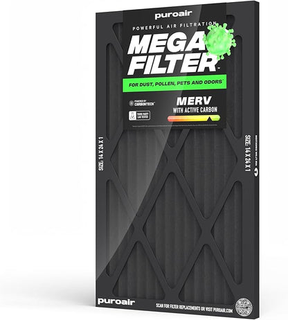 PuroAir MegaFilter - 14x24x1 Air Filter MERV 13 Activated CarbonTech Defense - Heavy Duty 3 Layer Furnace Filters Allergens, Pollen, Dust, Pet Dander, Smoke, Odors - HVAC Air Filter 14x24x1 (1-Pack)