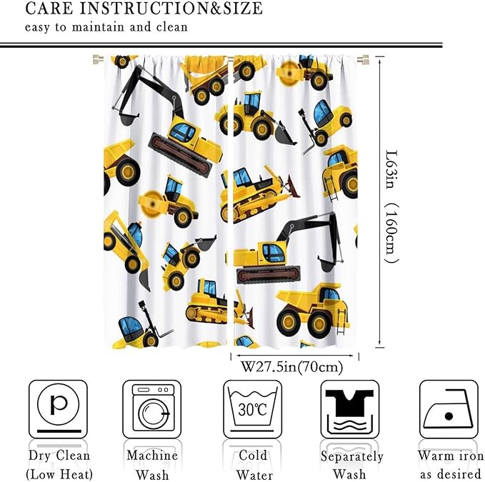 Kids Construction Equipment Window Curtains, Excavator Tractor Tow Truck Rod Pocket Decorative Windows Curtain for Children Teens Boys Girls Room Decor 55x63in (30% Blackout)