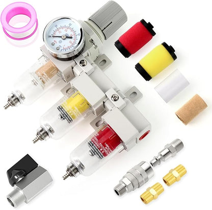 1/4" NPT 3 Stage Air Drying System,Coalescing Filter, Particulate Filter and Air Regulator, Manual Drain for Air Tools and Spray Paint Gun