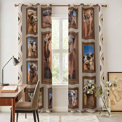 2 Panel Kitchen Cafe Curtains, Desert Camels Sunlight Filtering Nature Air Through, Home Decor Window Covering Tier Curtains for Living Room 80W x 84L inch Western Wildlife Brown Animals Country