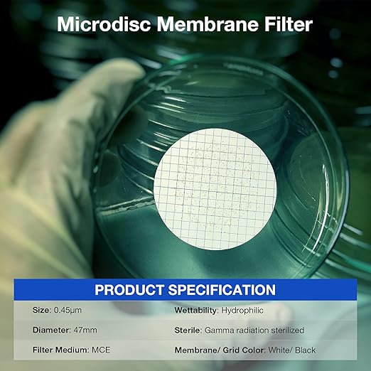 SimPure MCE Gridded Membrane Filter Sterile, 47mm Diameter and 0.45um Pore Size, Individual Pack Membrane Disc Filter, Hydrophilic Filter Paper, Pack of 500