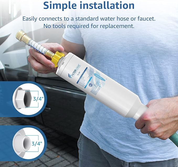 Filterlogic RV Inline Water Filter, NSF Certified, Reduces Chlorine, Bad Taste&Odor, Dedicated for RVs, 2 Pack Drinking Filter with 1 Flexible Hose Protector