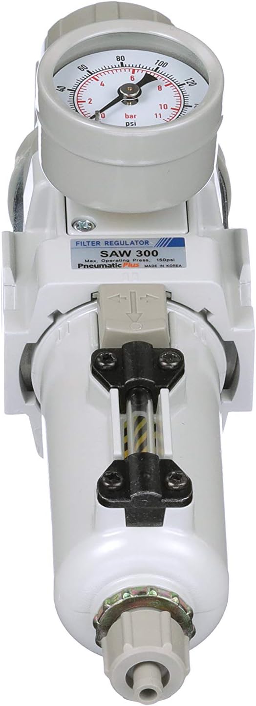 PneumaticPlus SAW300-N03BG-MEP Compressed Air Filter Regulator Piggyback Combo 3/8" NPT - Metal Bowl, Manual Drain, Bracket, Gauge