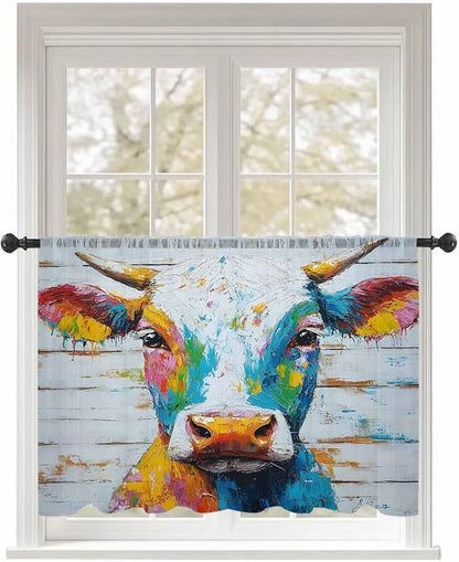 Sheer Curtains 54 Inch Length, Funny Colorful Cow Semi Sheer Curtains Light Filtering Window Treatment, Retro Rustic Oil Painting Wood Grain Privacy Voile Drapes for Living Room Bedroom 52x54 Inch