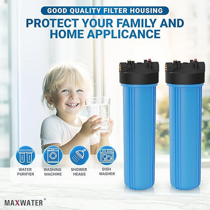 Max Water 20x4.5 Whole House Water Filter Housing, Heavy Duty Big Filter Blue Housing w/Pressure Release, Wrench and Bracket, 1" NPT, 20 Inch, Pack of 2