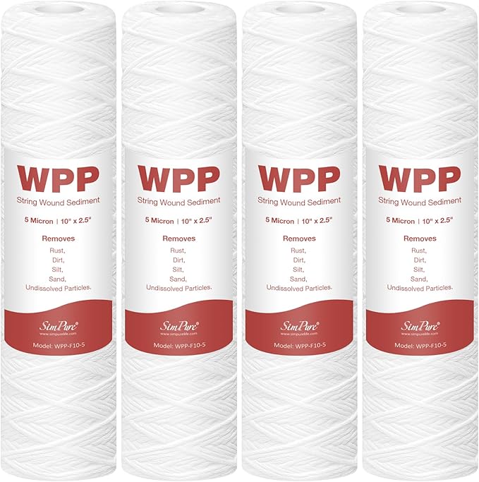 SimPure 5 Micron 10" x 2.5" String Wound Whole House Water Filter Cartridge for Well Water, Sediment Filter Replacement for Housing DB1025 AP110 (4 Pack)