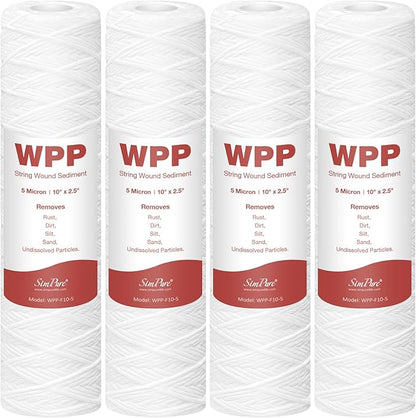 SimPure 5 Micron 10" x 2.5" String Wound Whole House Water Filter Cartridge for Well Water, Sediment Filter Replacement for Housing DB1025 AP110 (4 Pack)