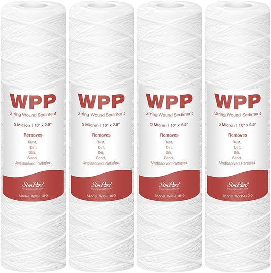 SimPure 5 Micron 10" x 2.5" String Wound Whole House Water Filter Cartridge for Well Water, Sediment Filter Replacement for Housing DB1025 AP110 (4 Pack)