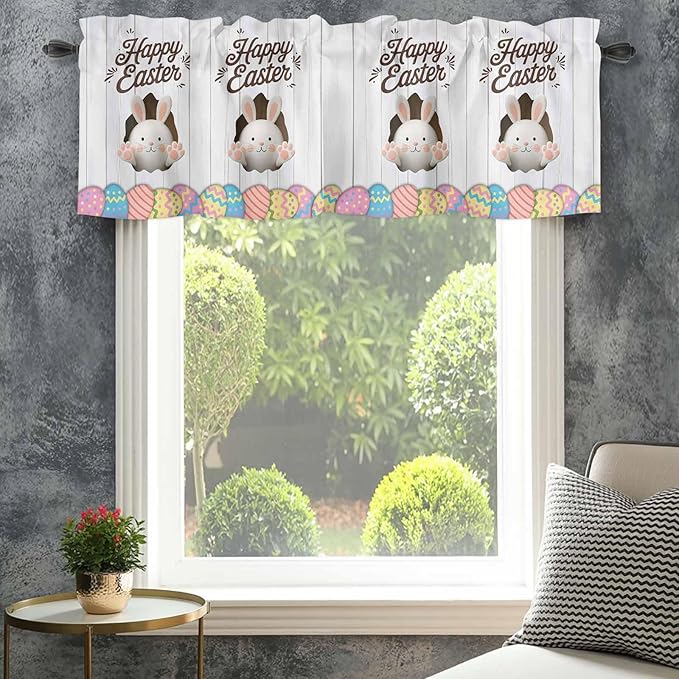 Grey Easter Curtain Valances for Windows, Kitchen Valance Window Treatment, Spring Cartoon Bunny Colorful Eggs Wood Grain Light Filtering Block Curtains for Bathroom/Bedroom/Living Room 54'' x 18''