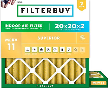 Filterbuy 20x20x2 Air Filter MERV 11 Superior Pet & Allergy Defense (2-Pack), Electrostatic Pleated HVAC AC Furnace Filters Replacement, Made in USA (Actual Size: 19.50 x 19.50 x 1.75)
