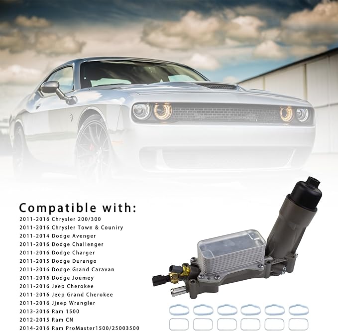 926-959 Aluminum Engine Oil Filter Housing Oil Cooler Kit with Gaskets & Sensors Compatible with 2011-2016 Chrysler Charger Challenger Journey Wrangler Ram Promaster 3.6L (grey)