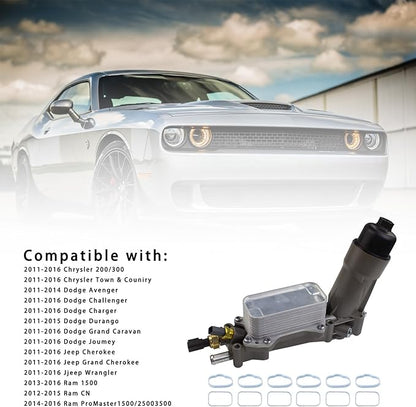 926-959 Aluminum Engine Oil Filter Housing Oil Cooler Kit with Gaskets & Sensors Compatible with 2011-2016 Chrysler Charger Challenger Journey Wrangler Ram Promaster 3.6L (grey)