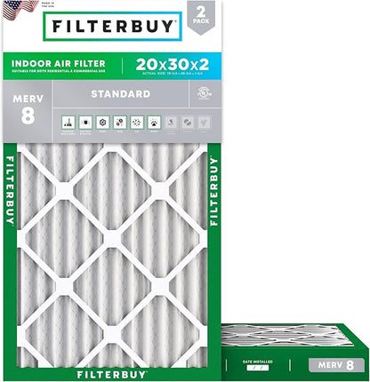 Filterbuy 20x30x2 Air Filter MERV 8 Essential Dust & Allergy Defense (2-Pack), Electrostatic Pleated HVAC AC Furnace Filters Replacement, Made in USA (Actual Size: 19.75 x 29.75 x 1.75)