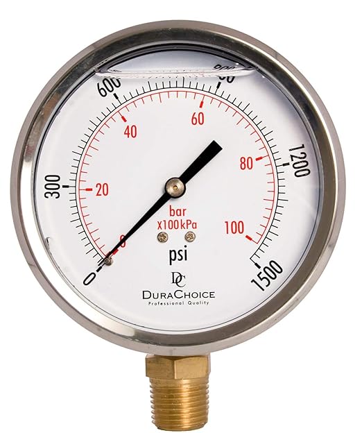4" Oil Filled Pressure Gauge - Stainless Steel Case, Brass, 1/2" NPT, Lower Mount Connection, 0-1500PSI