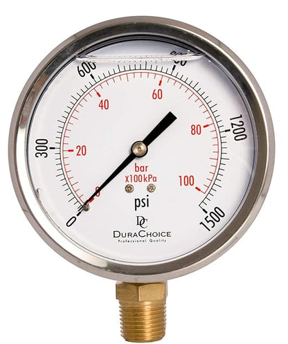 4" Oil Filled Pressure Gauge - Stainless Steel Case, Brass, 1/2" NPT, Lower Mount Connection, 0-1500PSI