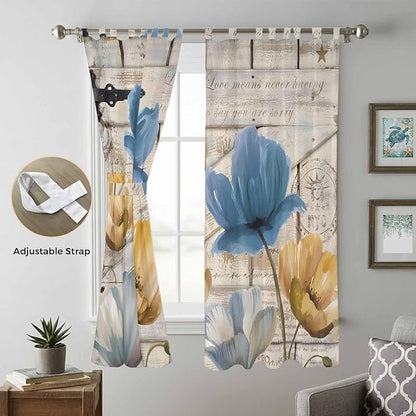Blue Yellow Tulips Living Room Curtains 96 Inch Length, Window Curtains Tab Top, Retro Farmhouse Flower Barn Doors Wooden Light Filtering Window Treatments Drapes 52"x96" 2 Panel