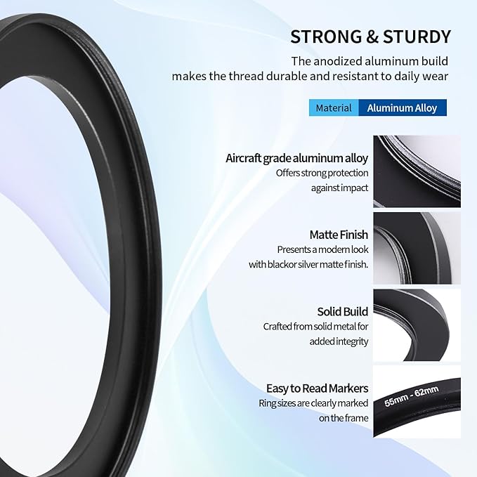 55-62mm Step-Up Ring Adapter, 55mm to 62mm Step Up Filter Ring for 55mm Lens Mount 62mm for DSLR Lenses and ND UV CPL IR Filters （55-62mm）