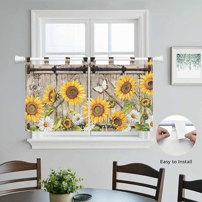 Farmhouse Sunflowers Kitchen Curtains 24 Inch Length, Small Window Curtains Tab Top, Rustic Barn Doors Flowers Butterfly Wooden Light Filtering Short Window Treatments Tier Drapes 27.5"x24" 2 Panel