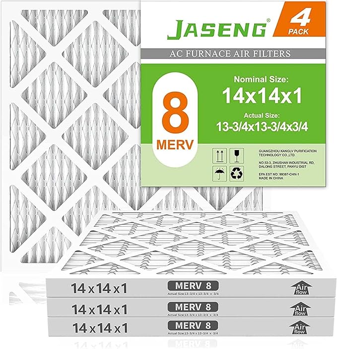 14x14x1 Air Filters, MERV 8 Pleated HVAC Furnace Filters (4-Pack) - Dust Defense, MPR 600 - exact dimensions: 13.75"x13.75"x0.75" - Replacement for AC, Heater, and Ventilation Systems