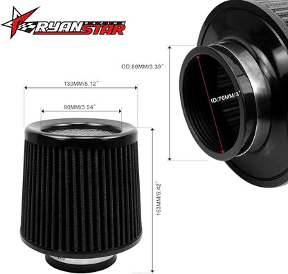 RYANSTAR 76mm 3" High Flow Round Tapered Cone Cool Air Filter Cleaner with Top Filter Design Short 163mm tall Black