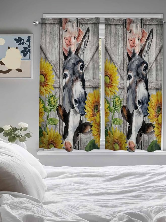 Farmhouse Living Room Curtains 72 Inches length, Vintage Sunflowers Animals Printed Wood Grain Window Treatment Curtain Drapes, Light Filtering Drapes for Bedroom Laundry Room, 52"x72", 2 Panels