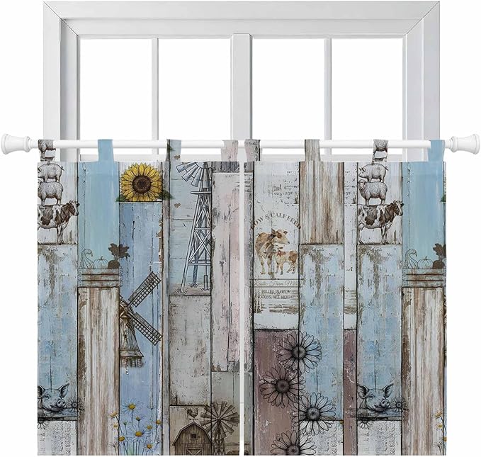 Blue Grey Wooden Bedroom Curtains 63 Inch Length, Window Curtains Tab Top, Farmhouse Barn Sunflowers Retro Light Filtering Window Treatments Drapes 42"x63" 2 Panel