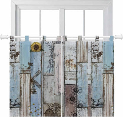 Blue Grey Wooden Bedroom Curtains 63 Inch Length, Window Curtains Tab Top, Farmhouse Barn Sunflowers Retro Light Filtering Window Treatments Drapes 42"x63" 2 Panel