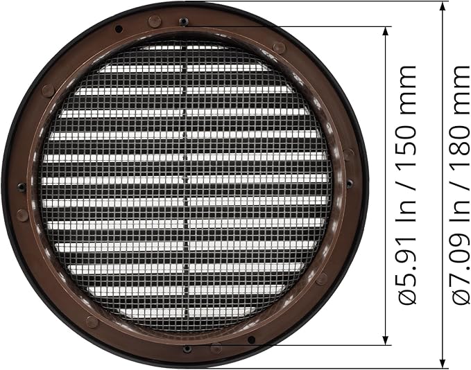 Black 6" Inch Round Ventilation Grille with Insect mesh. (Duct 6Ø / Grille 7Ø) Ventilation Applications. Indoor and Outdoor Soffit Vent Cover. Available 4 Sizes / 4 Colors.