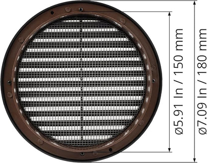 Black 6" Inch Round Ventilation Grille with Insect mesh. (Duct 6Ø / Grille 7Ø) Ventilation Applications. Indoor and Outdoor Soffit Vent Cover. Available 4 Sizes / 4 Colors.