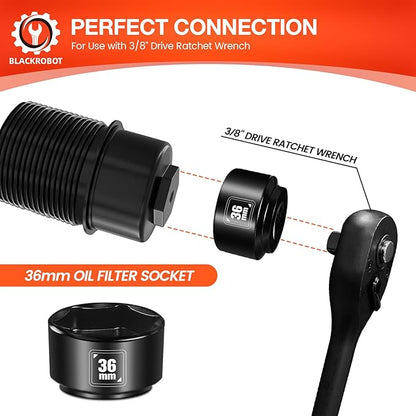 BLACKROBOT 36mm Low Profile Oil Filter Socket, 3/8" Drive 6-Point Oil Filter Cap Remover and Installer Tool, Chrome Vanadium Steel