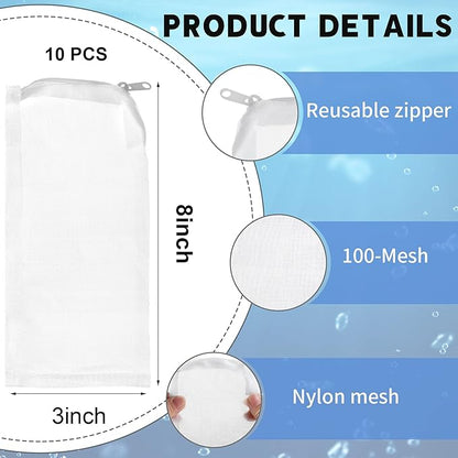 Tegeme 10 Pieces Small Aquarium Filter Media Bags with Zipper 3 x 8 Inch 150 Micrometre Fine Mesh Filter Media Bags for Fish Tank Activated Carbon Charcoal Fresh or Saltwater Tanks