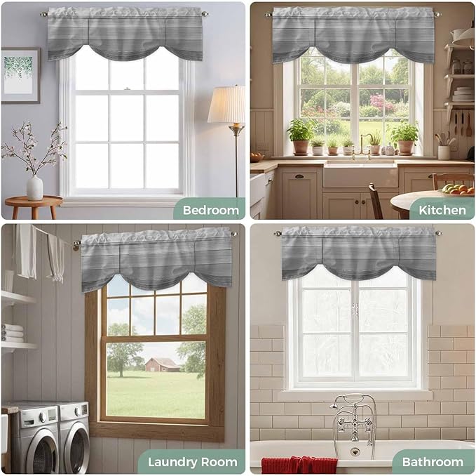Grey Ombre Wooden Tie Up Valance Curtains for Windows, Kitchen Curtains Window Shades, Farmhouse Retro Gray Wood Gradient Light Filtering Roman Curtain Valances for Bedroom/Bathroom/Cafe 54"x18"
