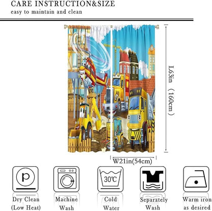 Kids Cartoon Construction Window Curtains, Funny Construction Site Cars and Helicopter Rod Pocket Decorative Windows Curtain for Children Teens Room Decor 42x63in (30% Blackout)